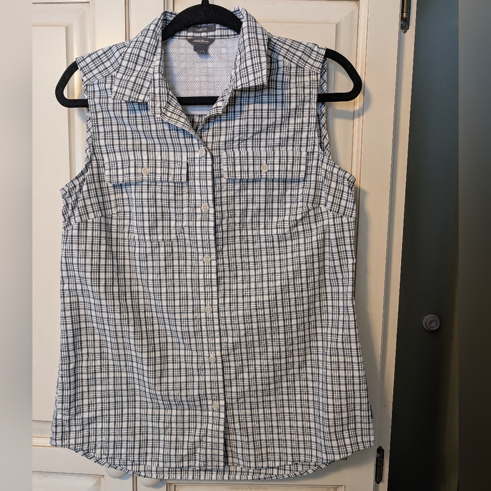 Eddie Bauer Classic Fit Black and White Plaid Sleeveless Women's Shirt
